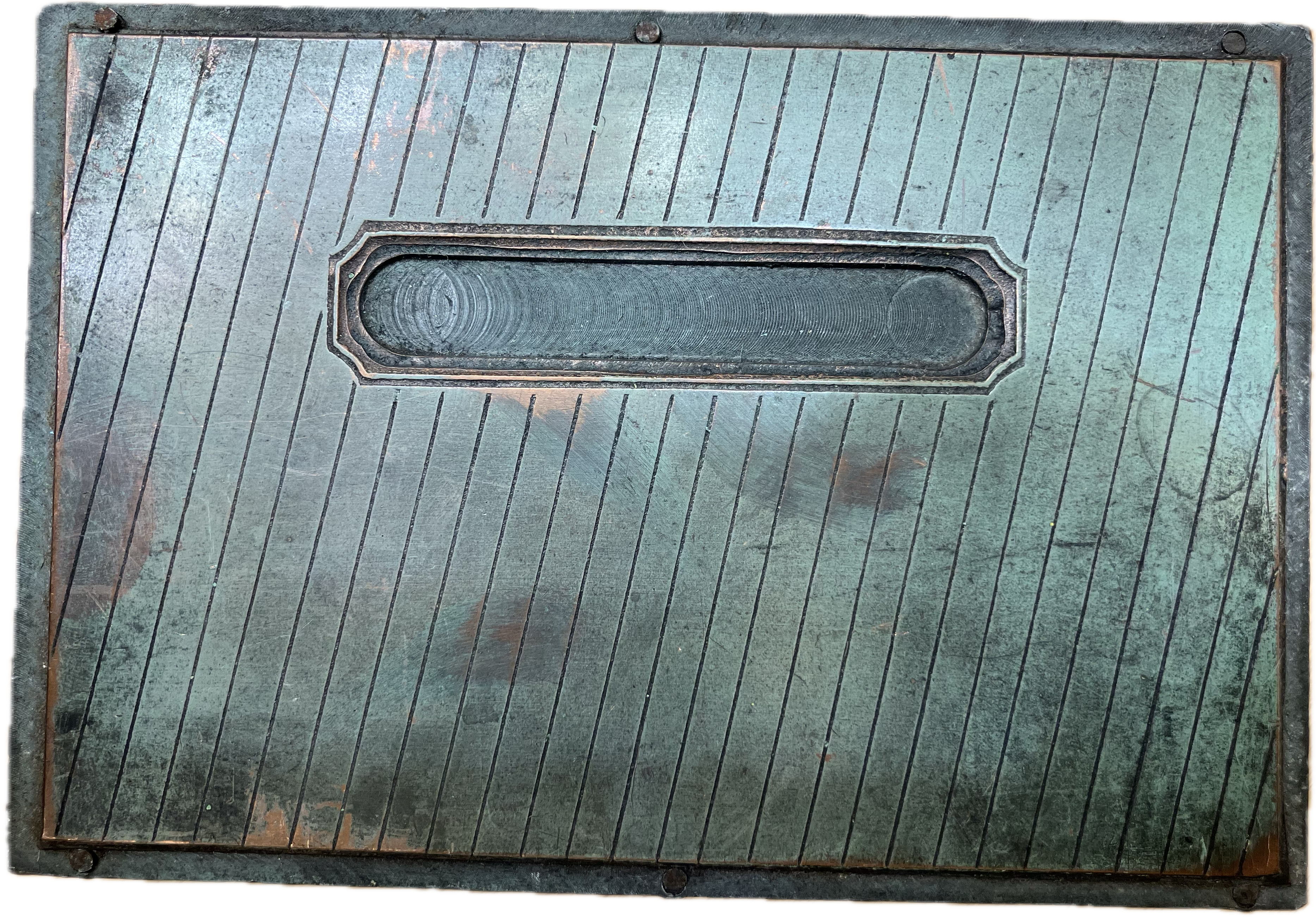 photo of letterpress block described as 'Large rectangle with diagonal pattern and small mortised frame' 