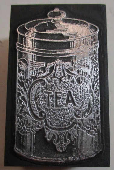 photo of letterpress block described as 'Tea cannister' 